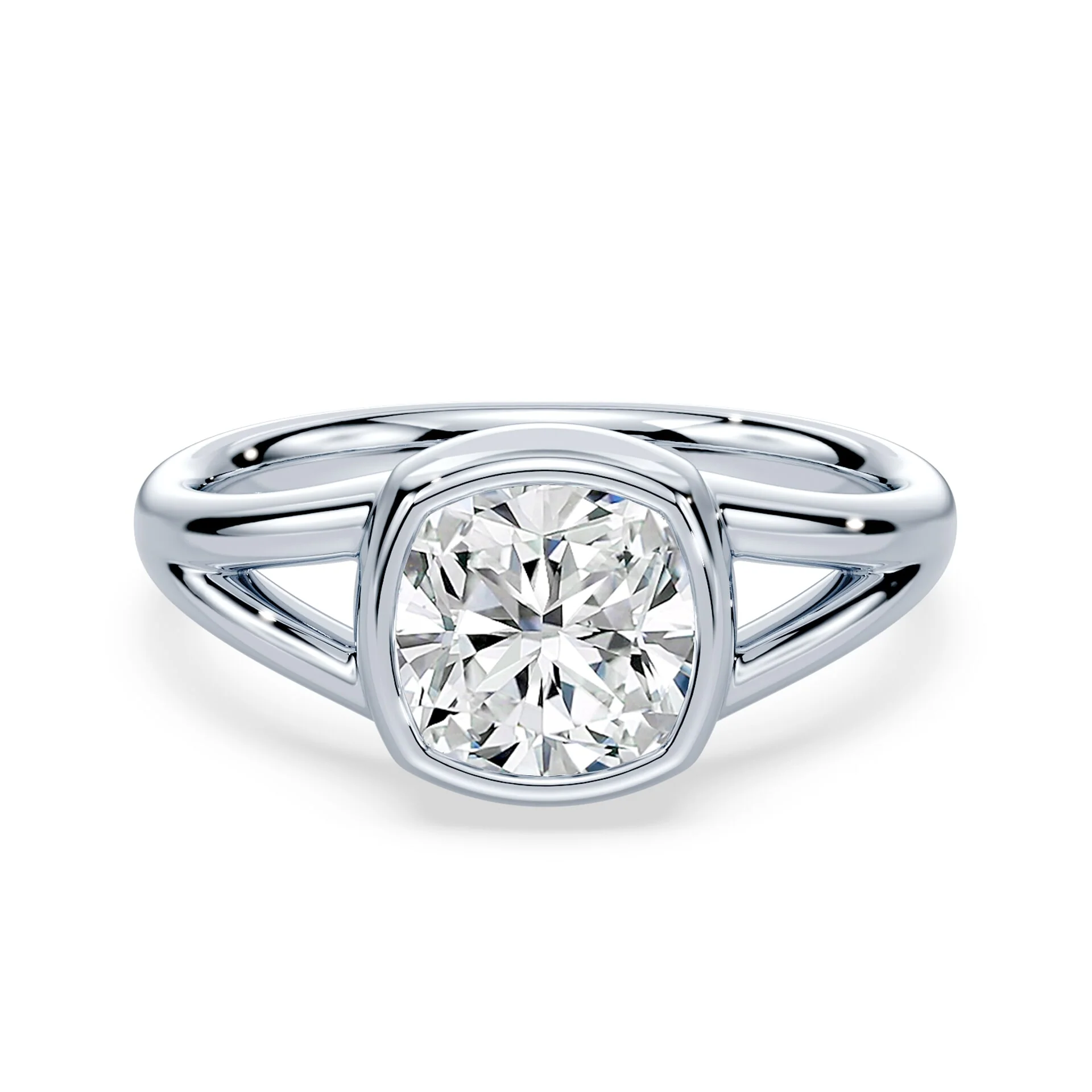 Cushion Cut Split Shank Bezel Ring