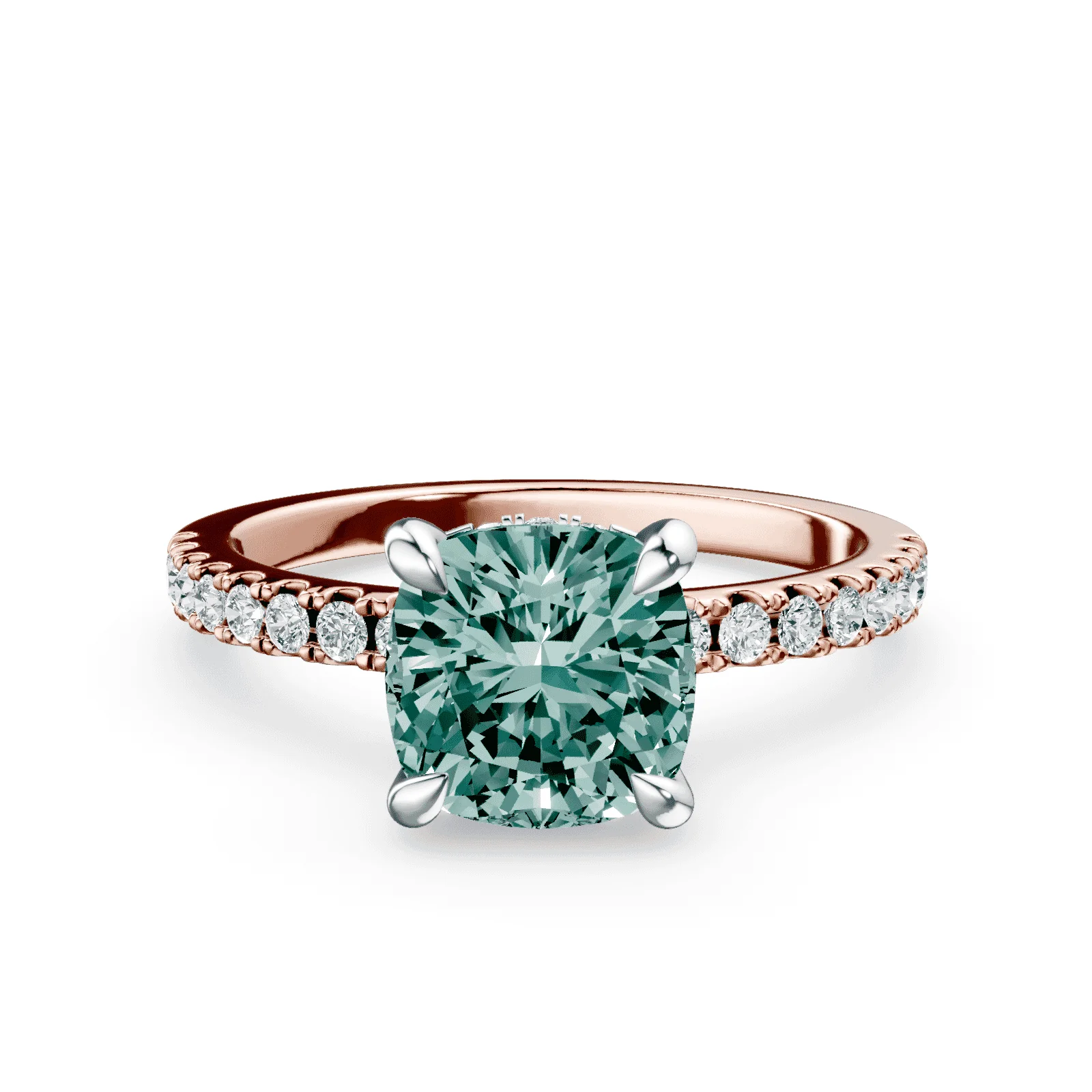 Cushion Cut Low Profile Green Pave Ring