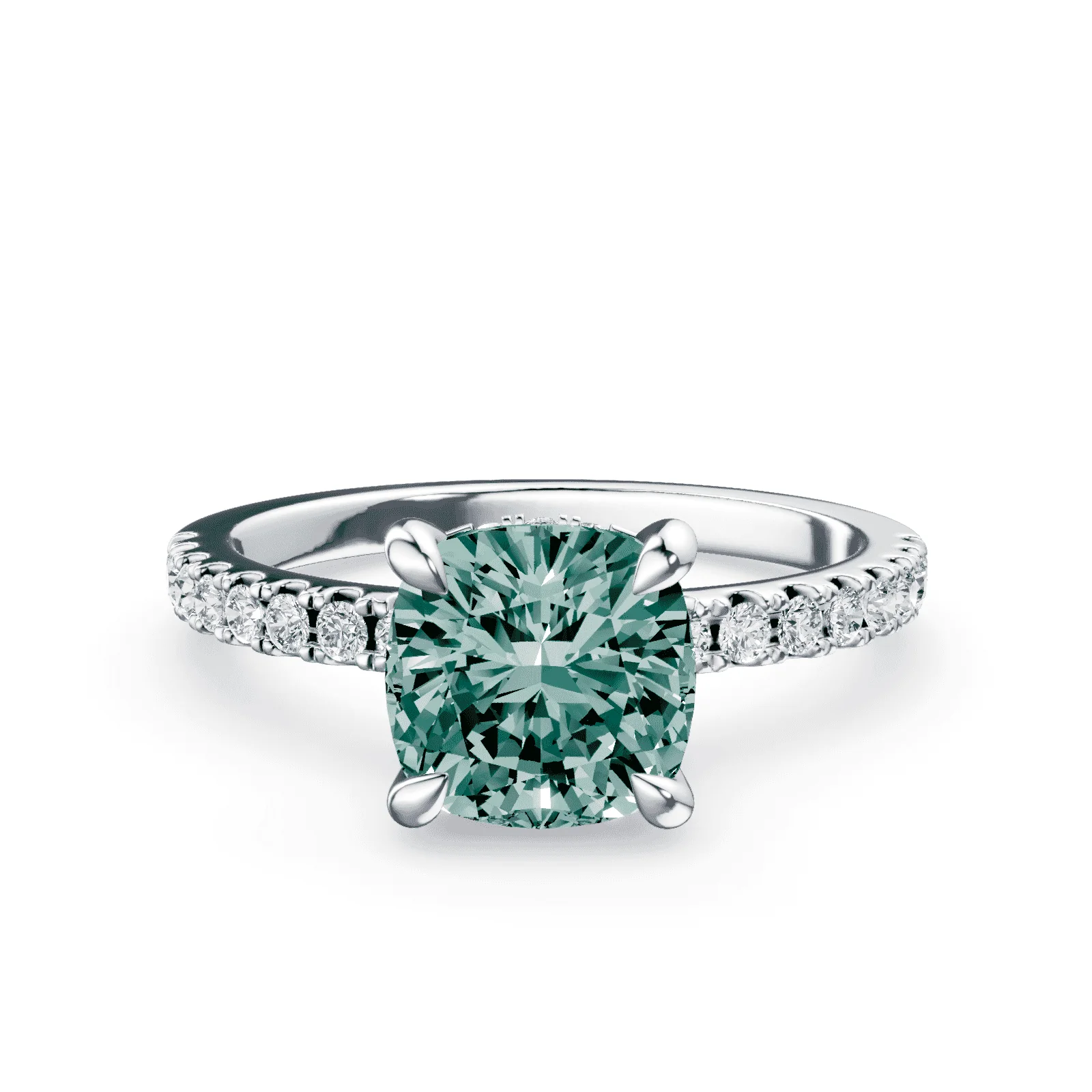 Cushion Cut Low Profile Green Pave Ring