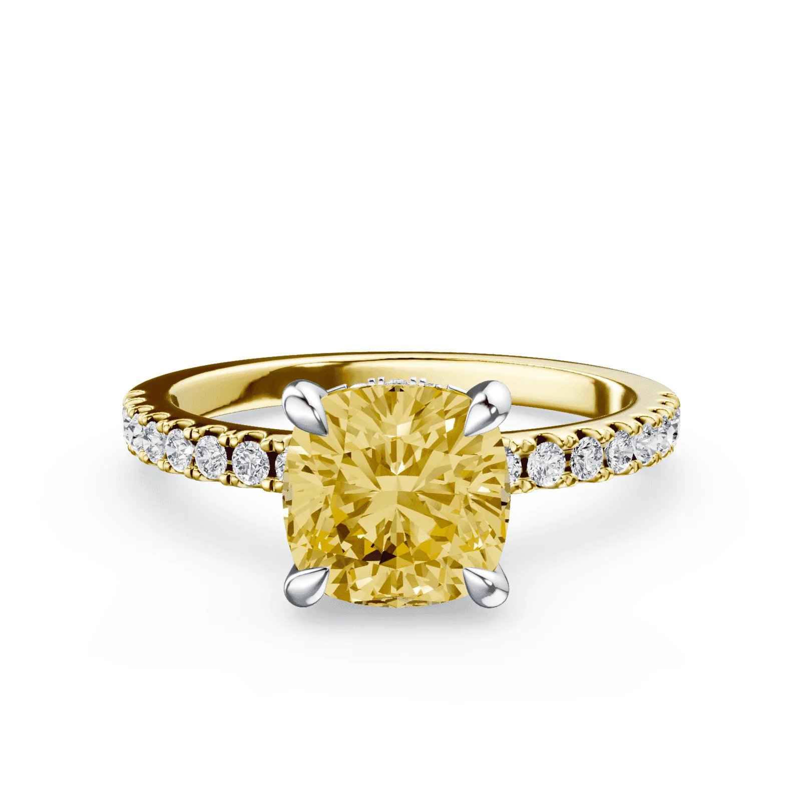 Cushion Cut Low Profile Yellow Pave Ring