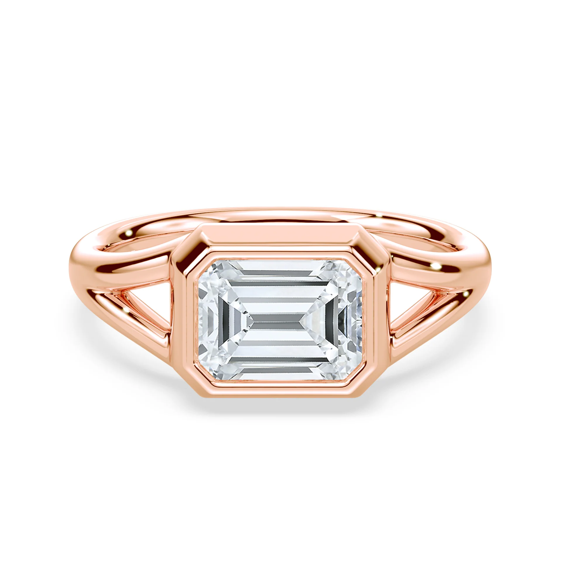 Emerald Cut East-West Split Shank Bezel Ring