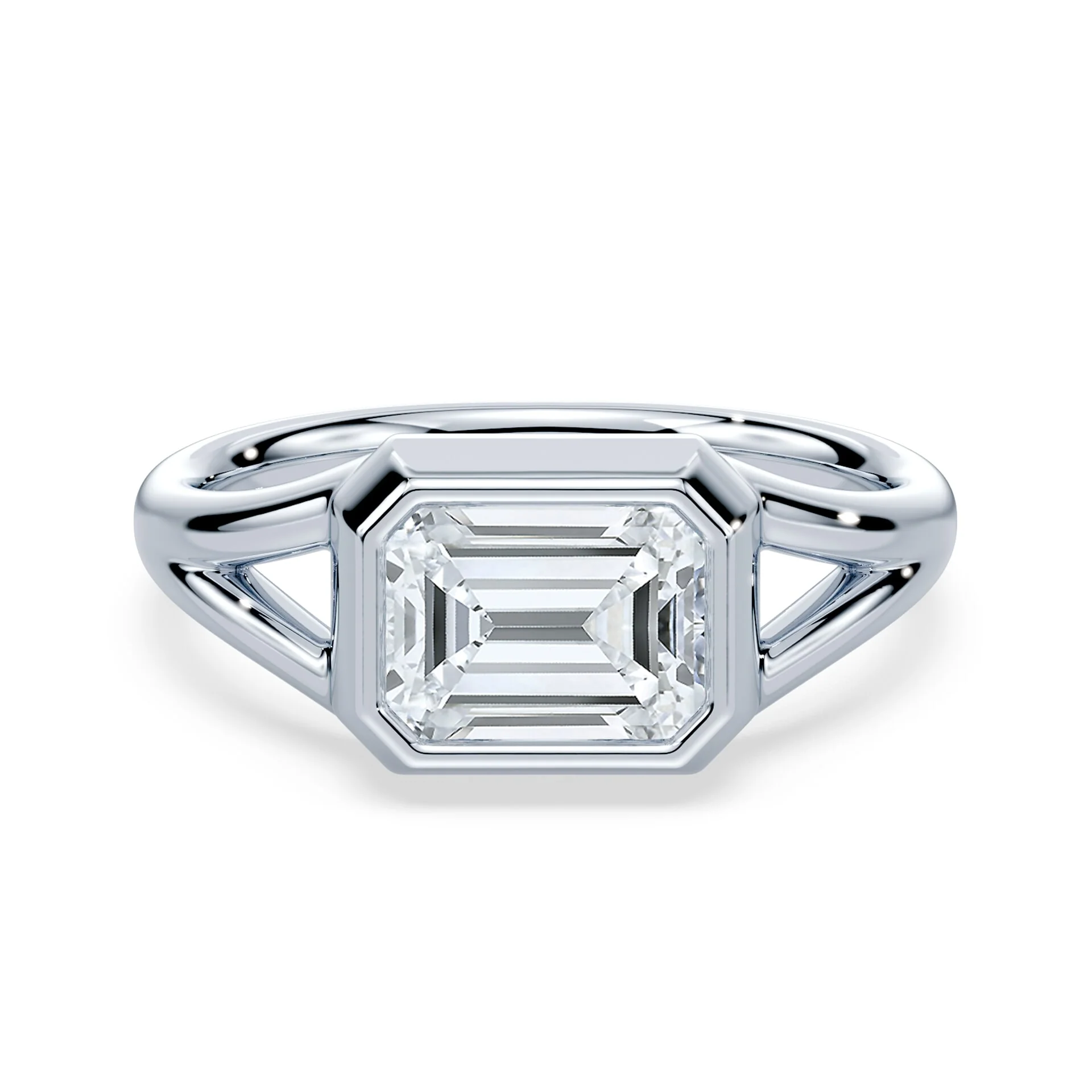 Emerald Cut East-West Split Shank Bezel Ring