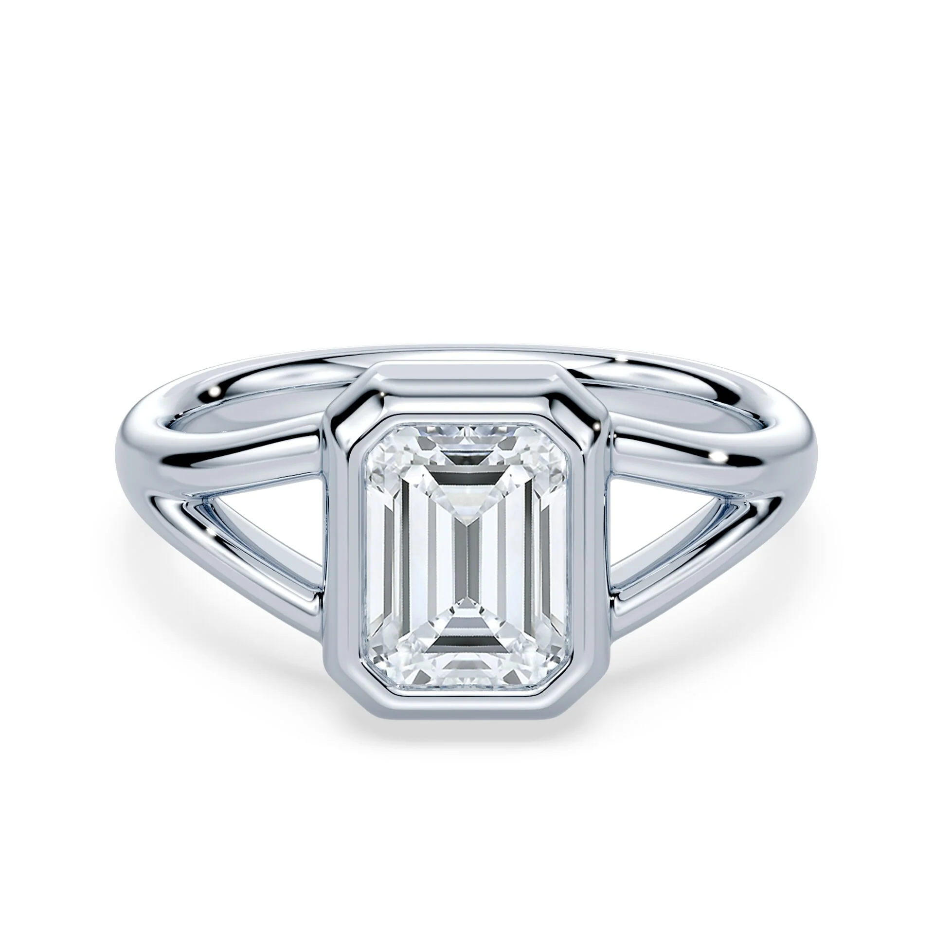 Emerald Cut Split Shank Bezel Ring