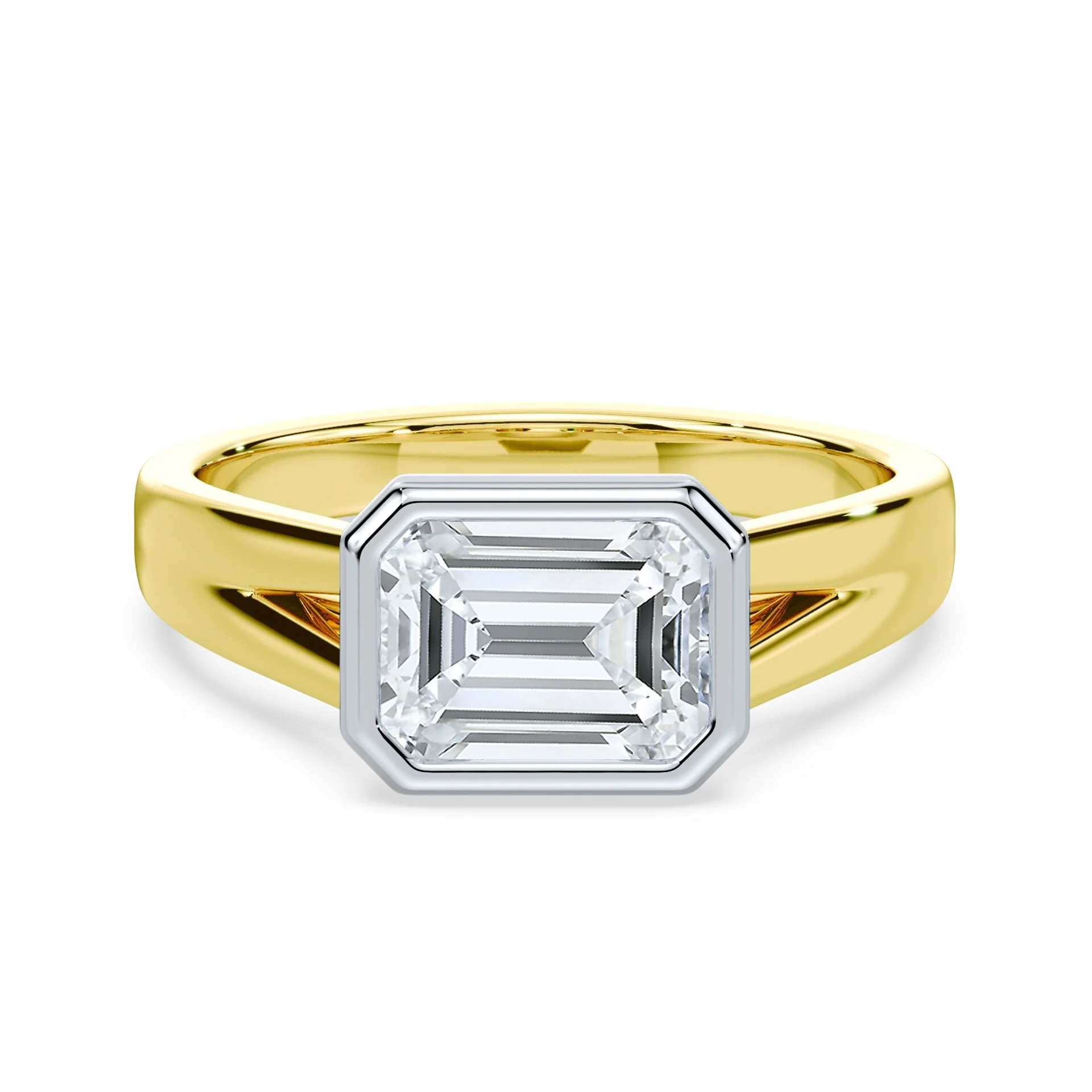 Emerald Cut East-West Split Cathedral Bezel Ring
