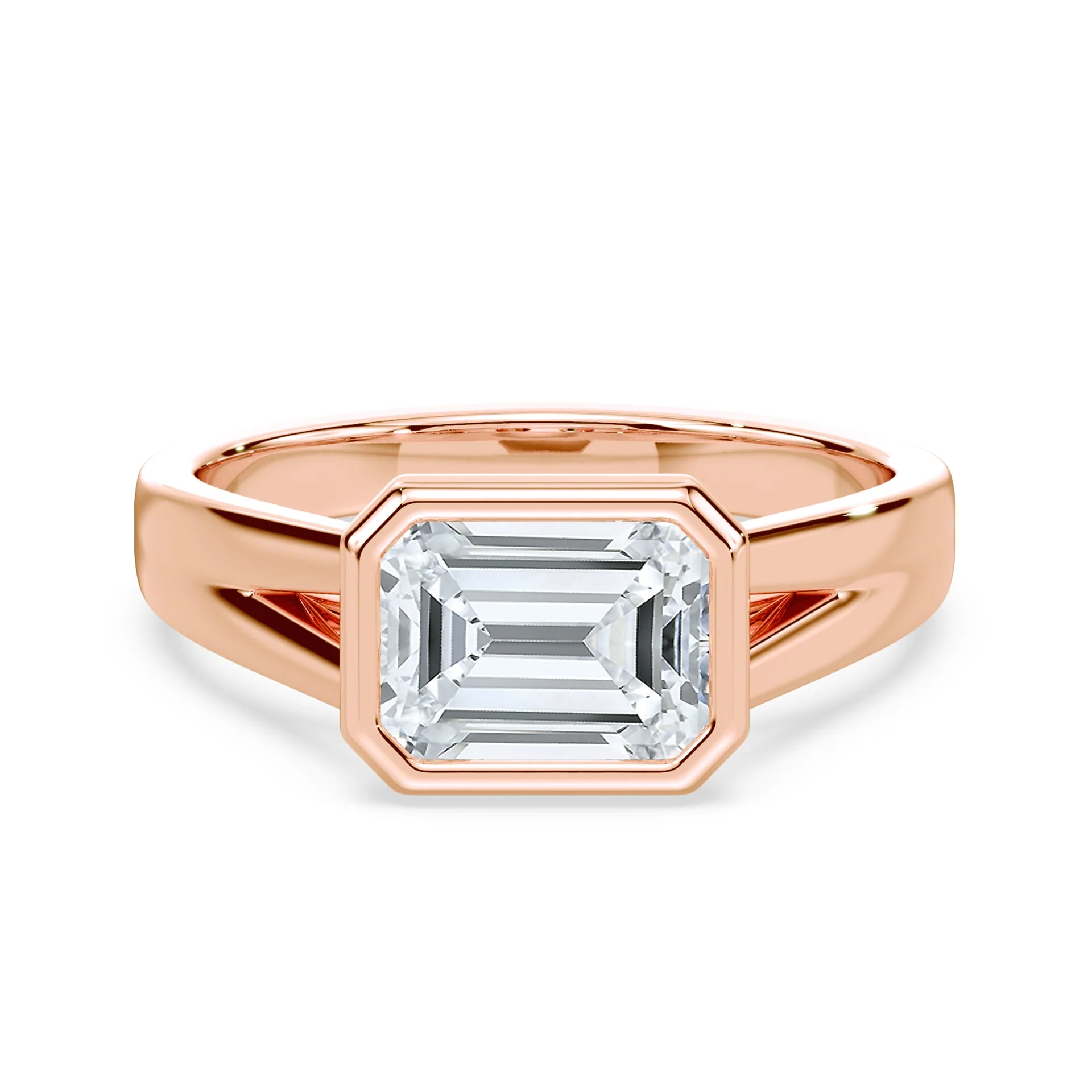 Emerald Cut East-West Split Cathedral Bezel Ring