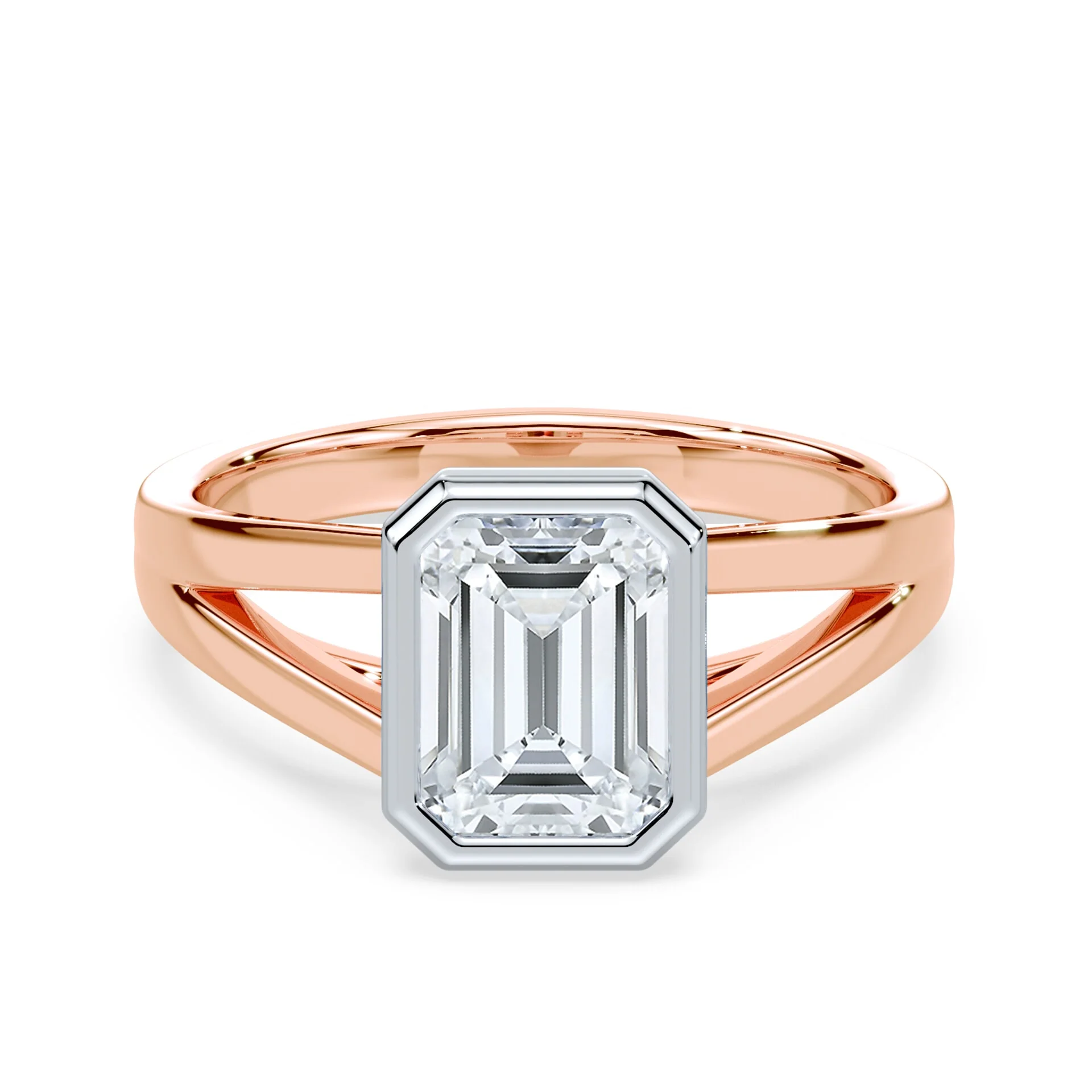 Emerald Cut Split Cathedral Bezel Ring