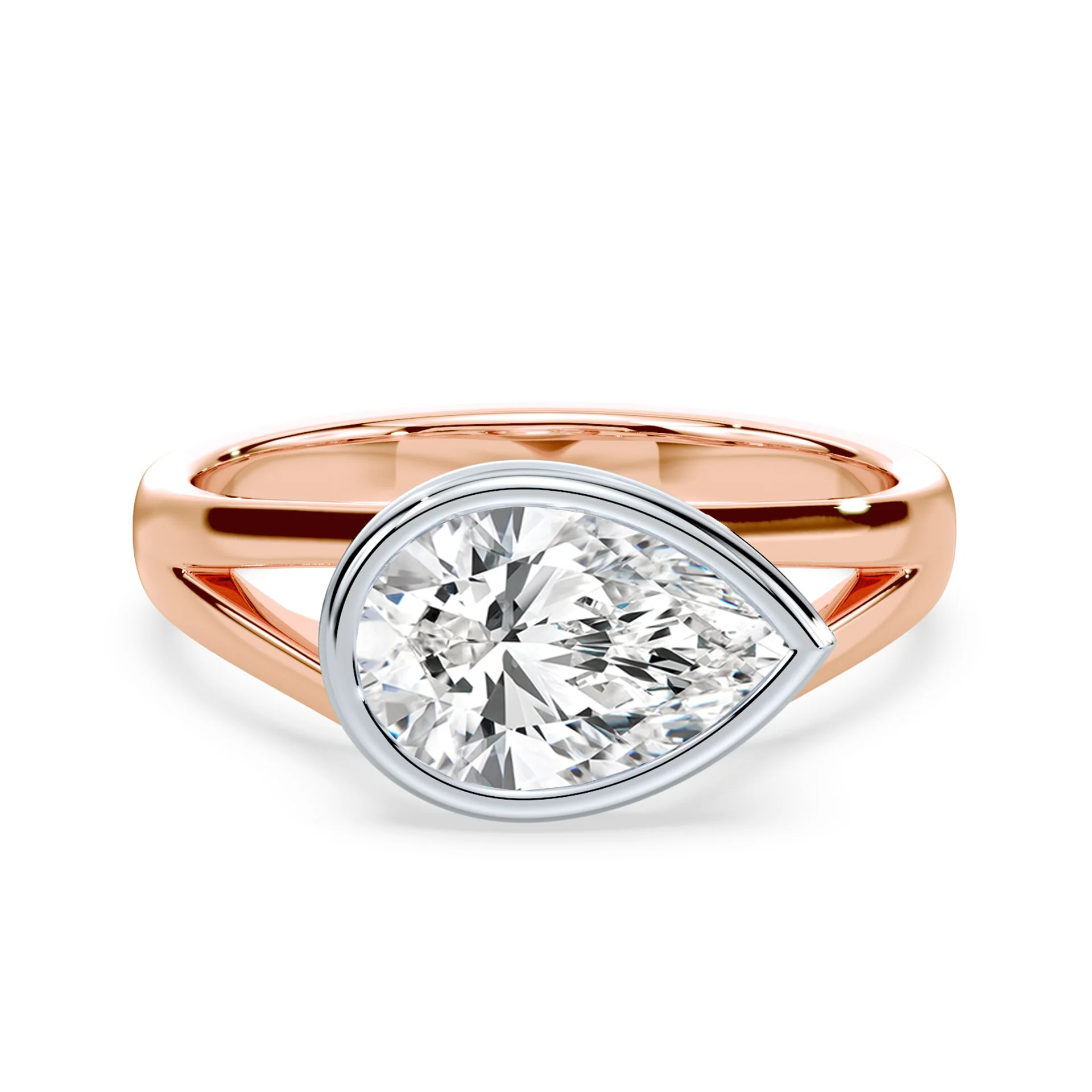 Pear Shaped East-West Split Cathedral Bezel Ring