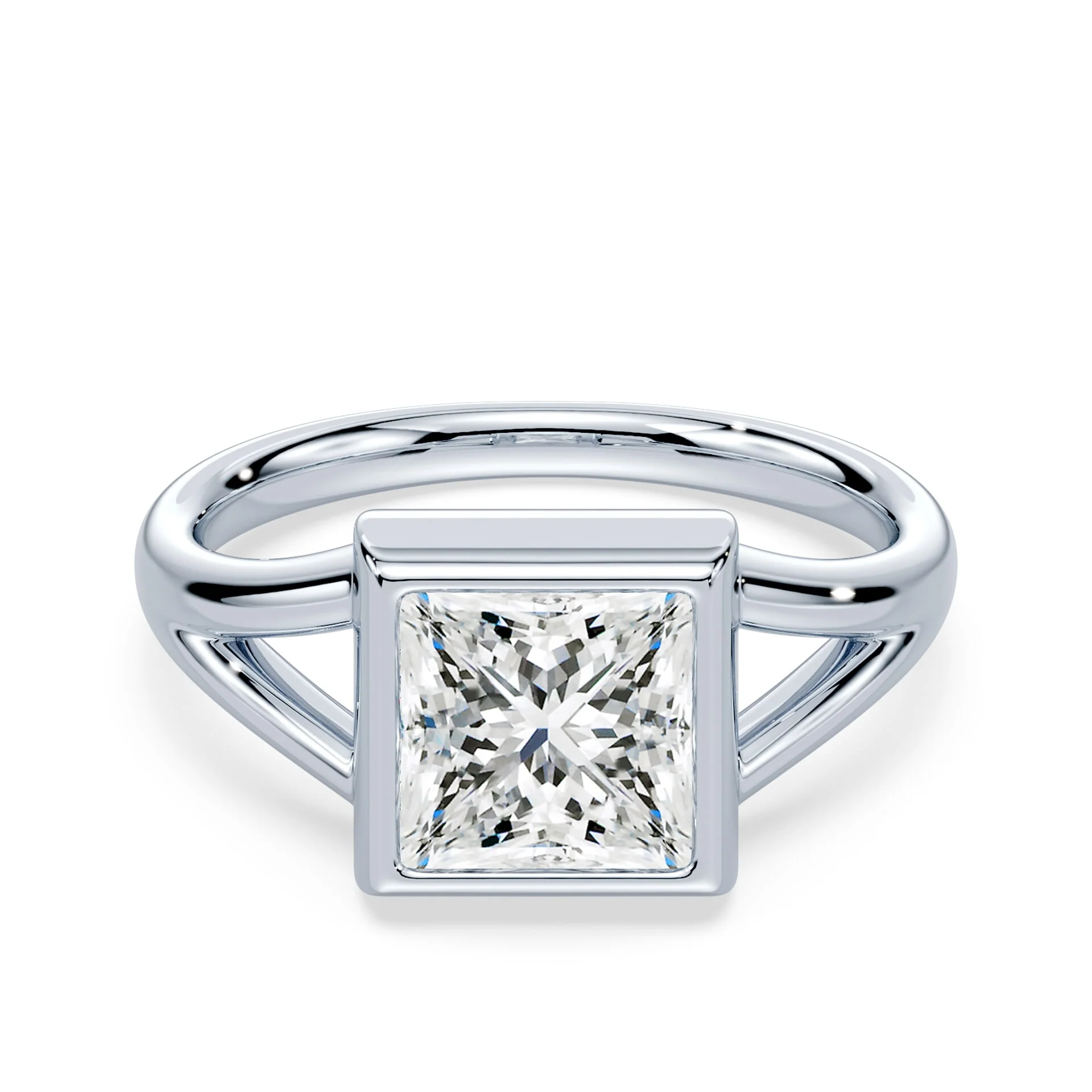 Princess Cut Low Split Shank Bezel Ring