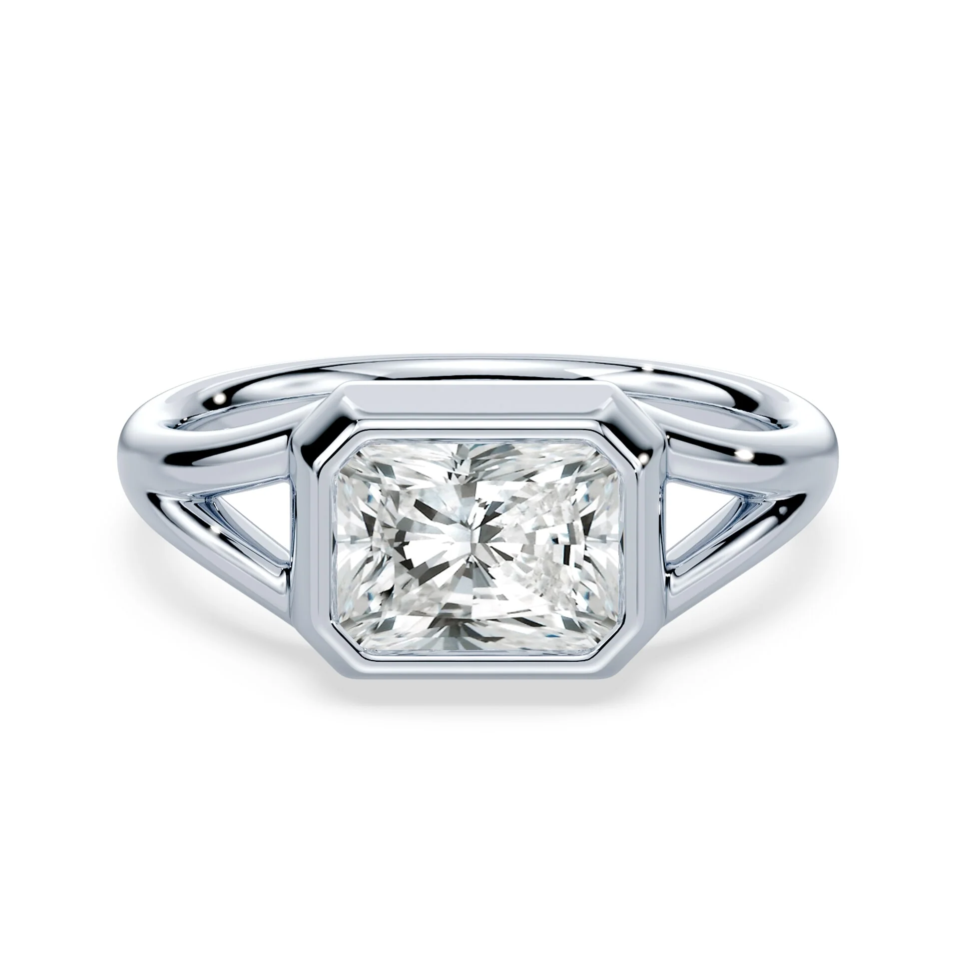 Radiant Cut East-West Split Shank Bezel Ring