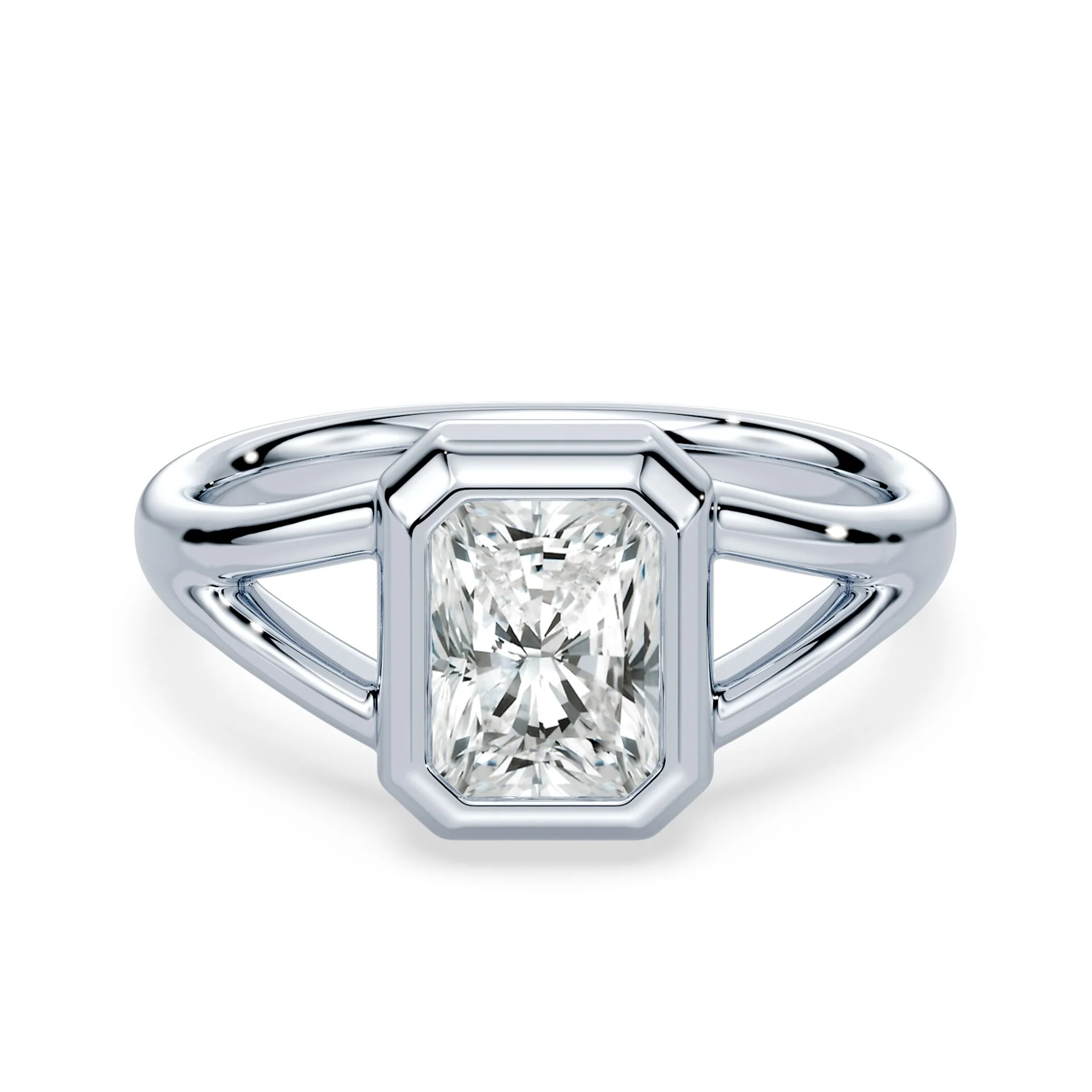 Radiant Cut Split Shank Bezel Ring