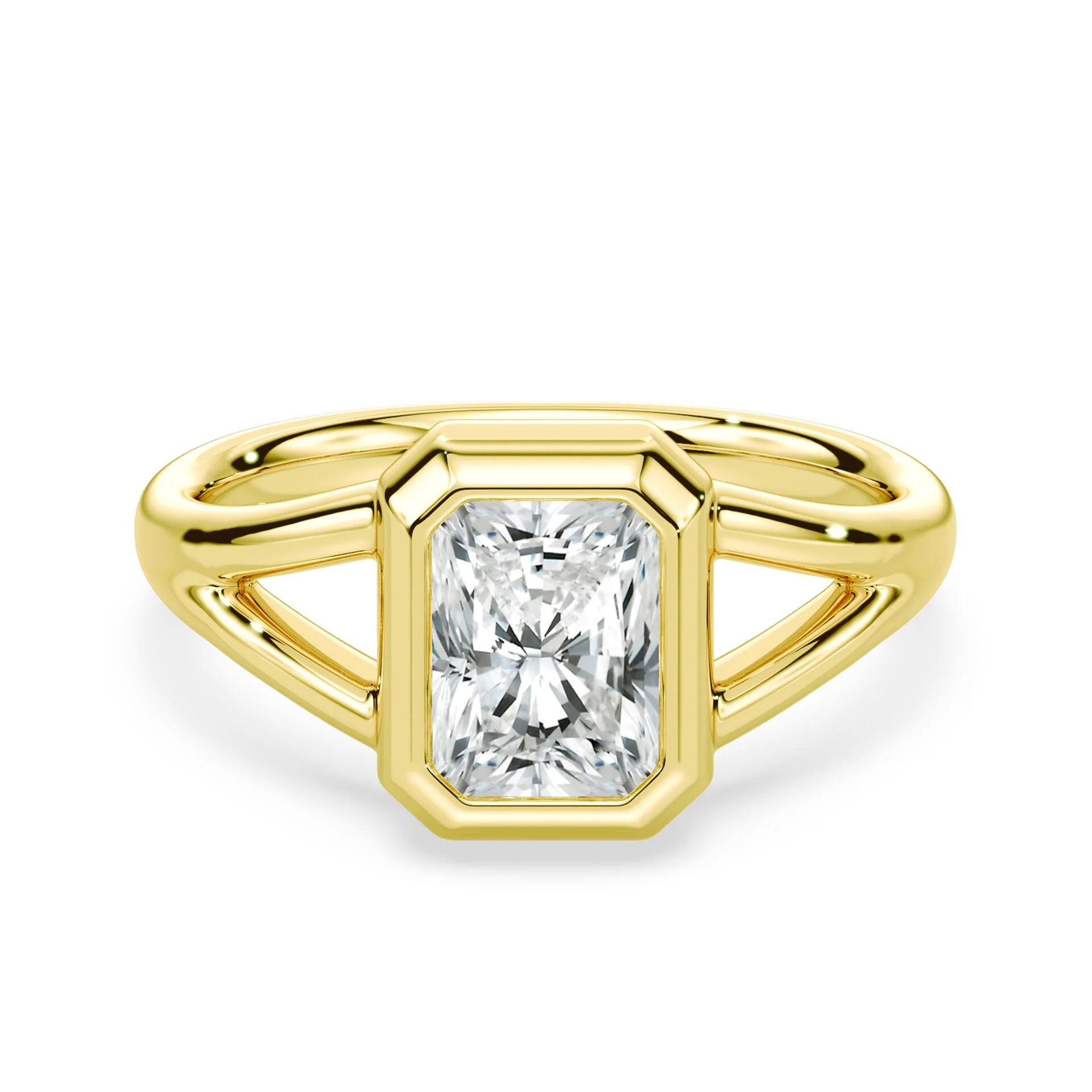 Radiant Cut Split Shank Bezel Ring