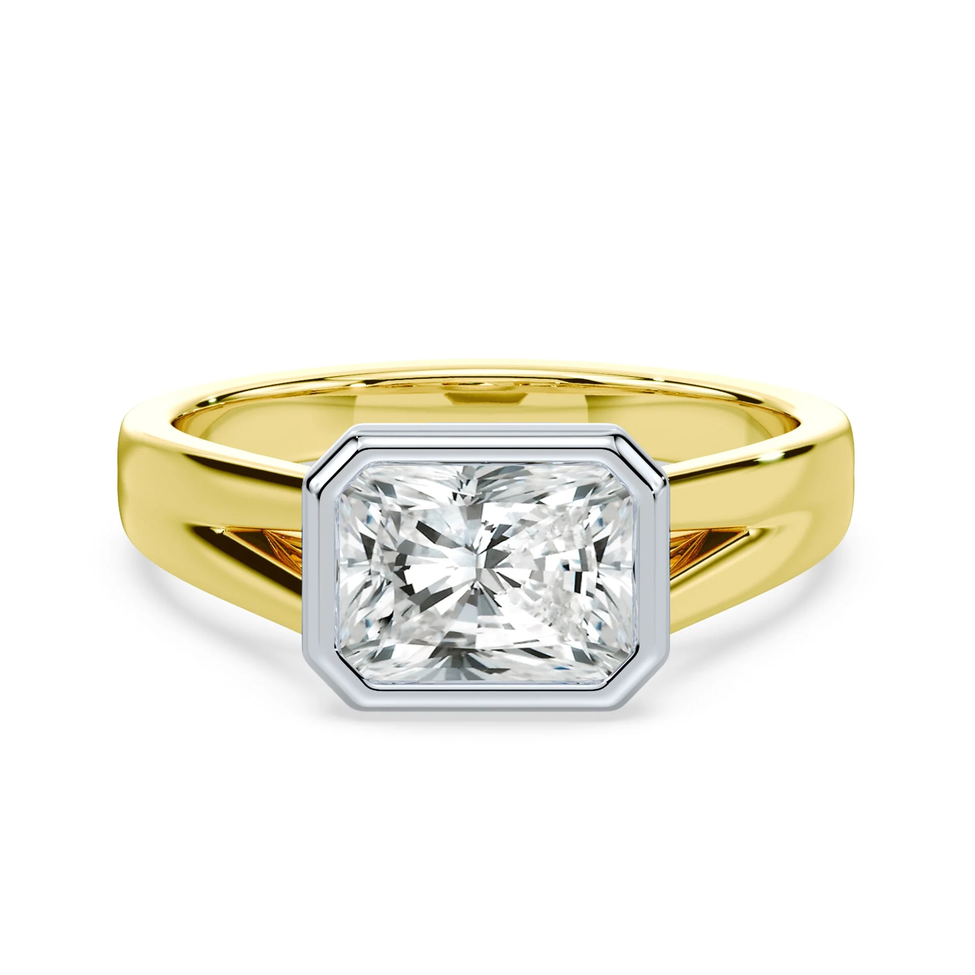 Radiant Cut East-West Split Cathedral Bezel Ring