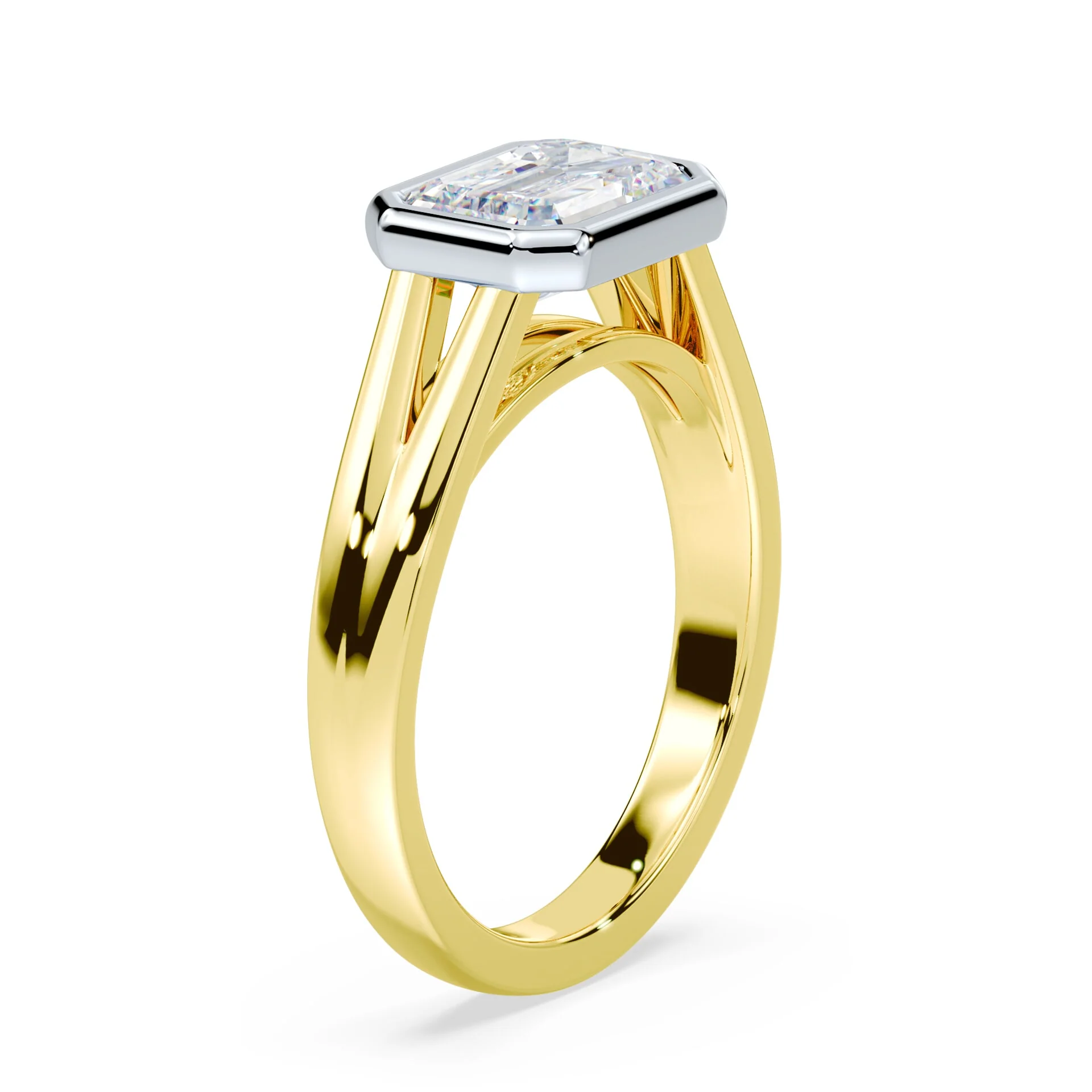 Radiant Cut East-West Split Cathedral Bezel Ring - Image 2