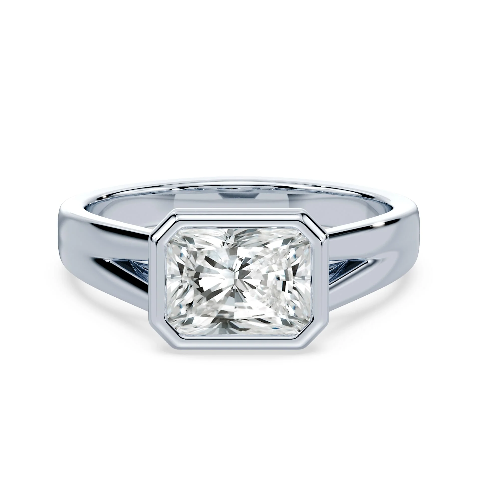 Radiant Cut East-West Split Cathedral Bezel Ring