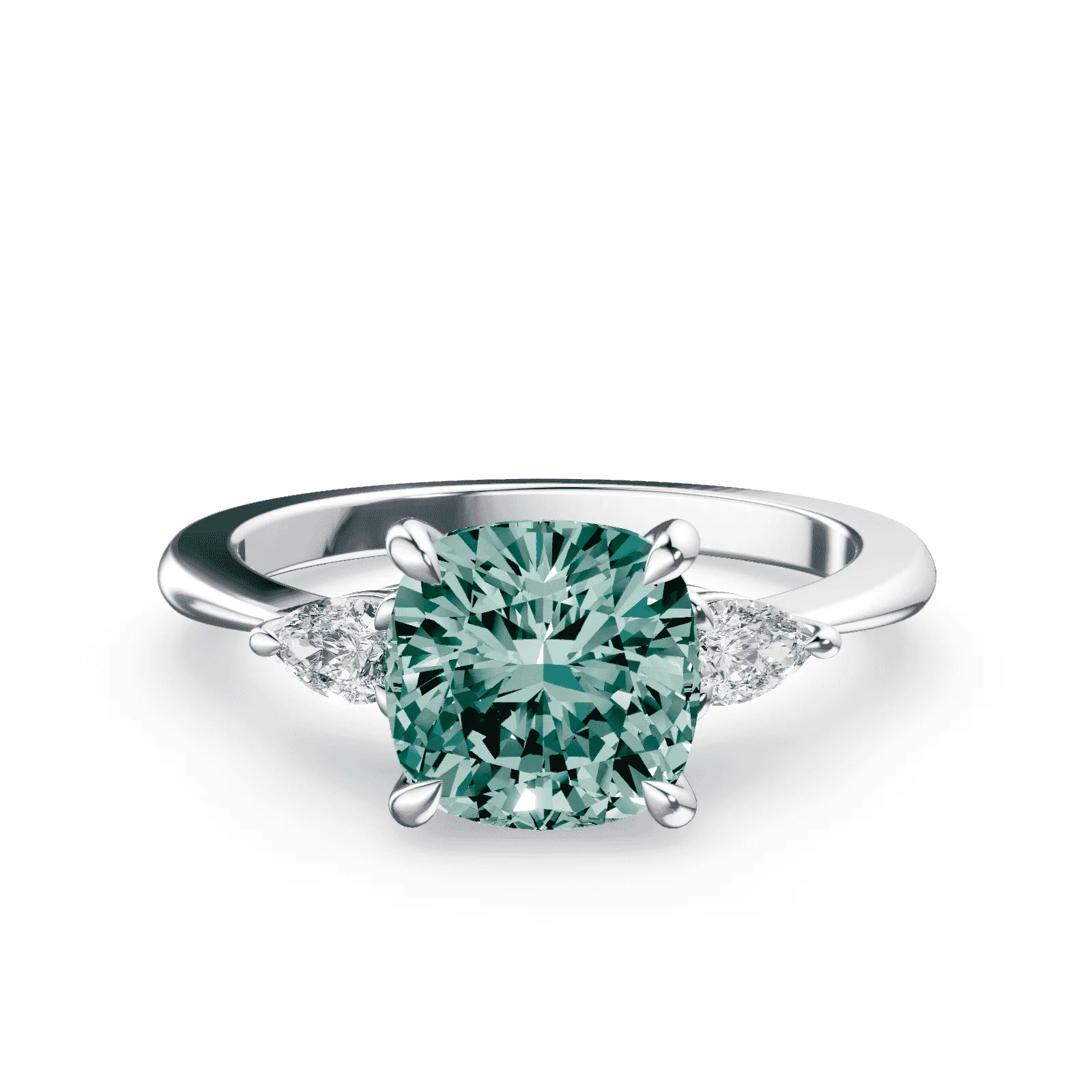 Cushion Cut Three Stone Green Diamond Ring
