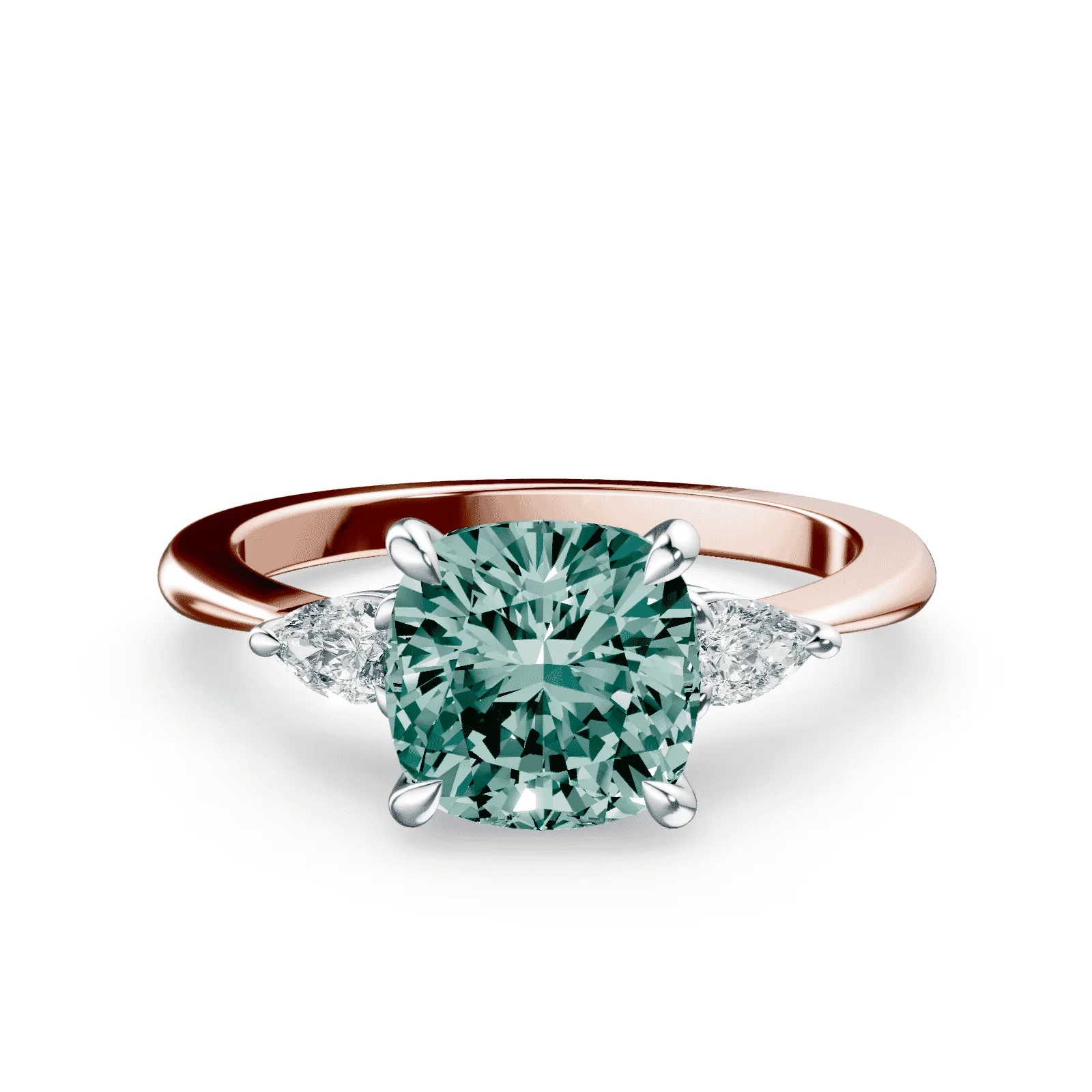 Cushion Cut Three Stone Green Diamond Ring