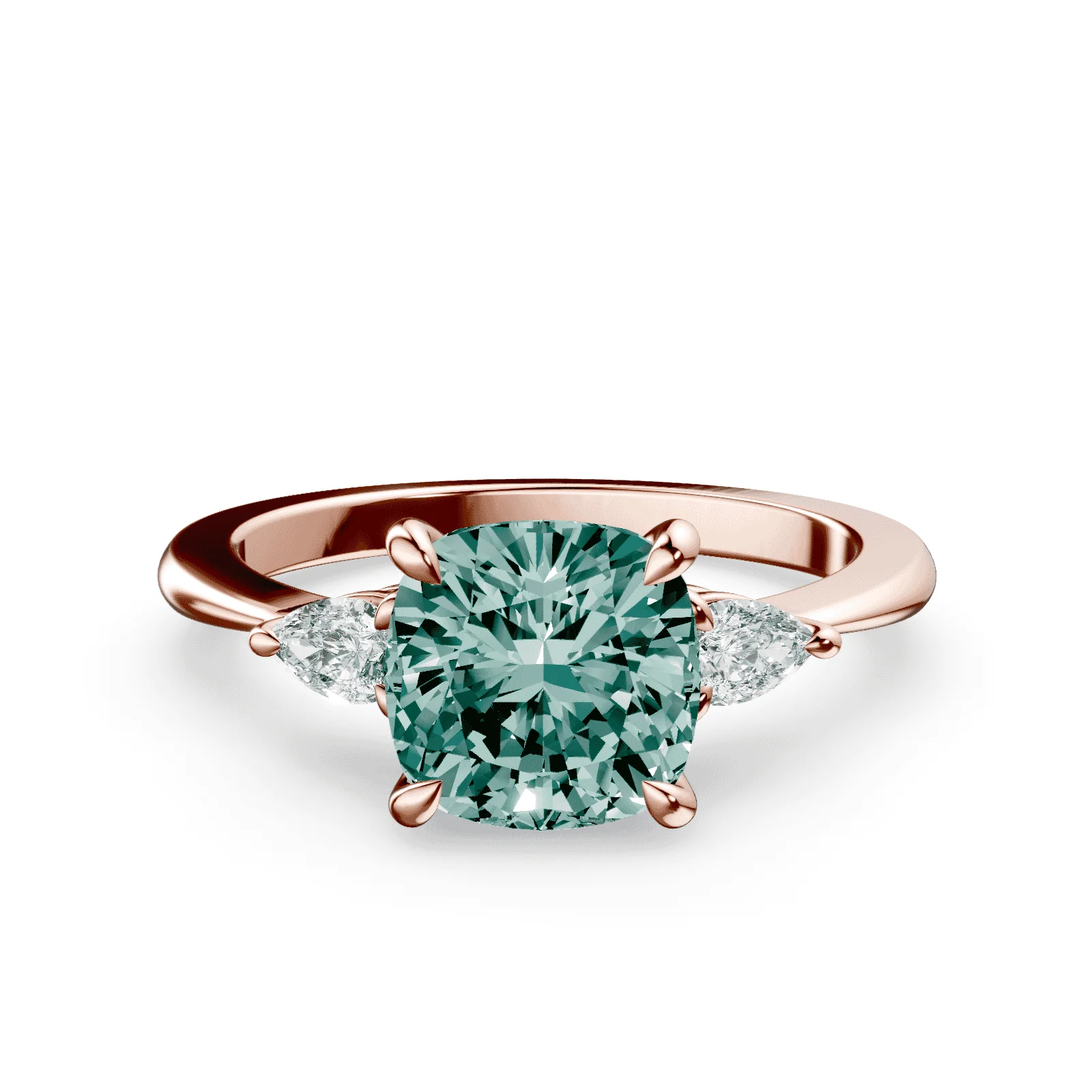 Cushion Cut Three Stone Green Diamond Ring