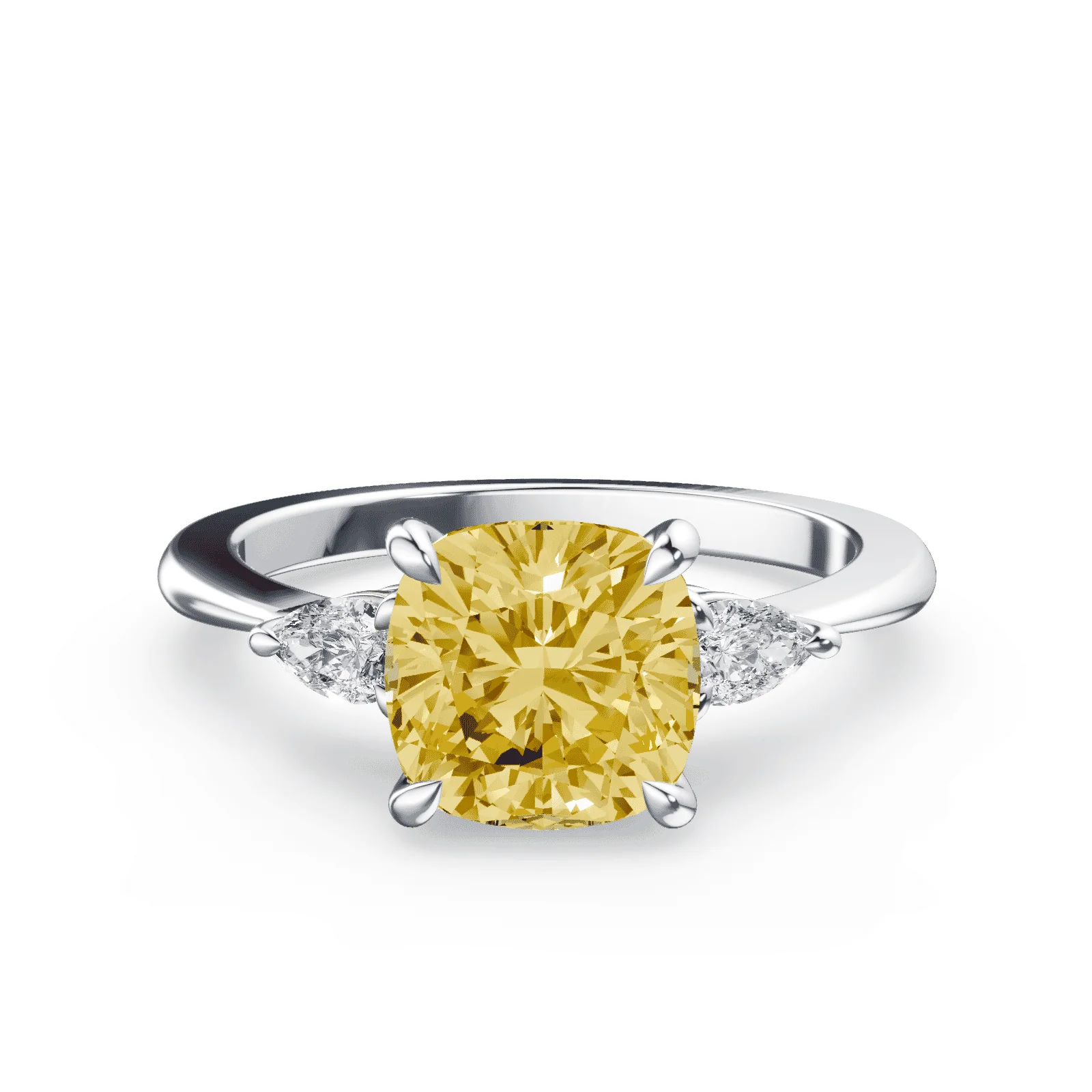 Cushion Cut Three Stone Yellow Diamond Ring
