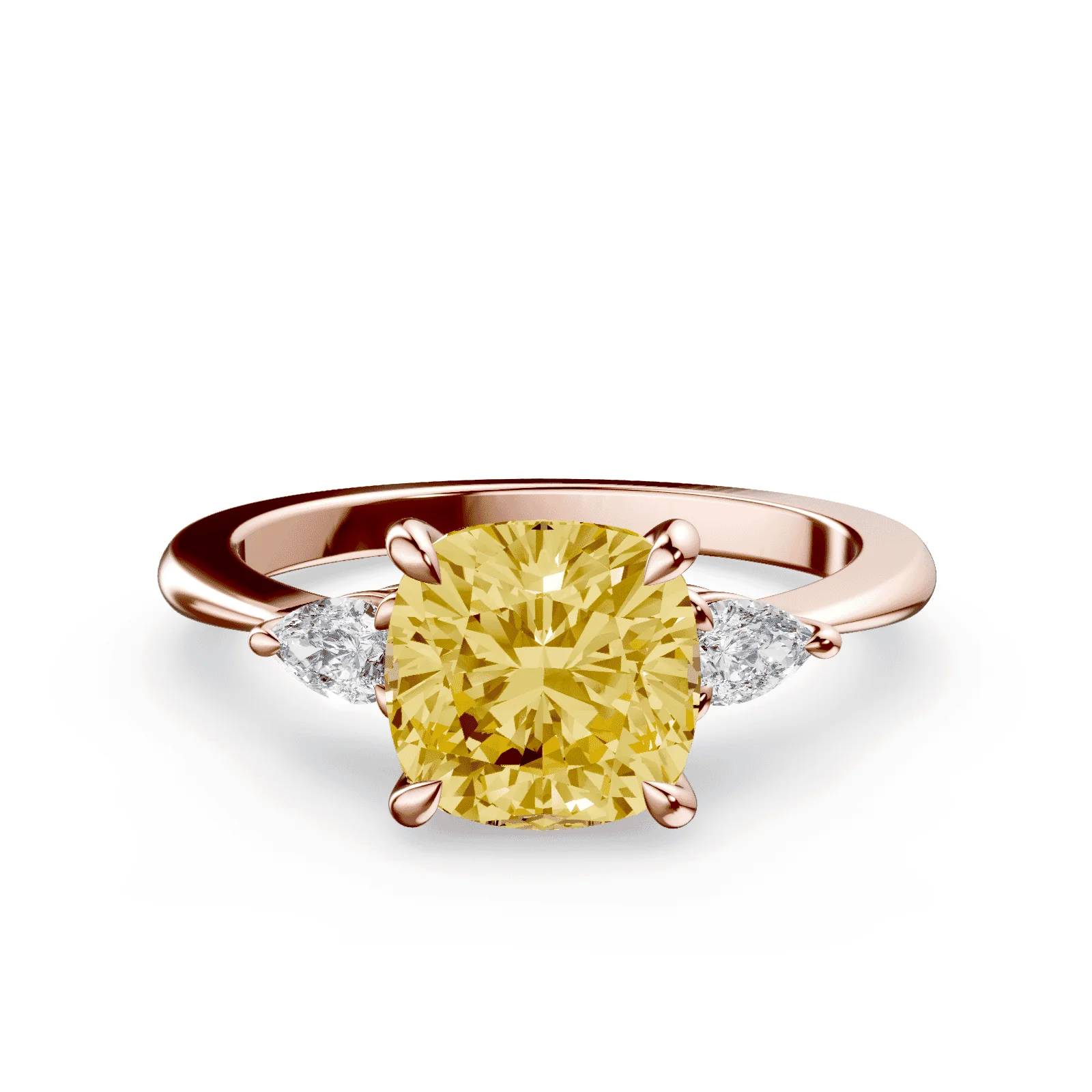 Cushion Cut Three Stone Yellow Diamond Ring