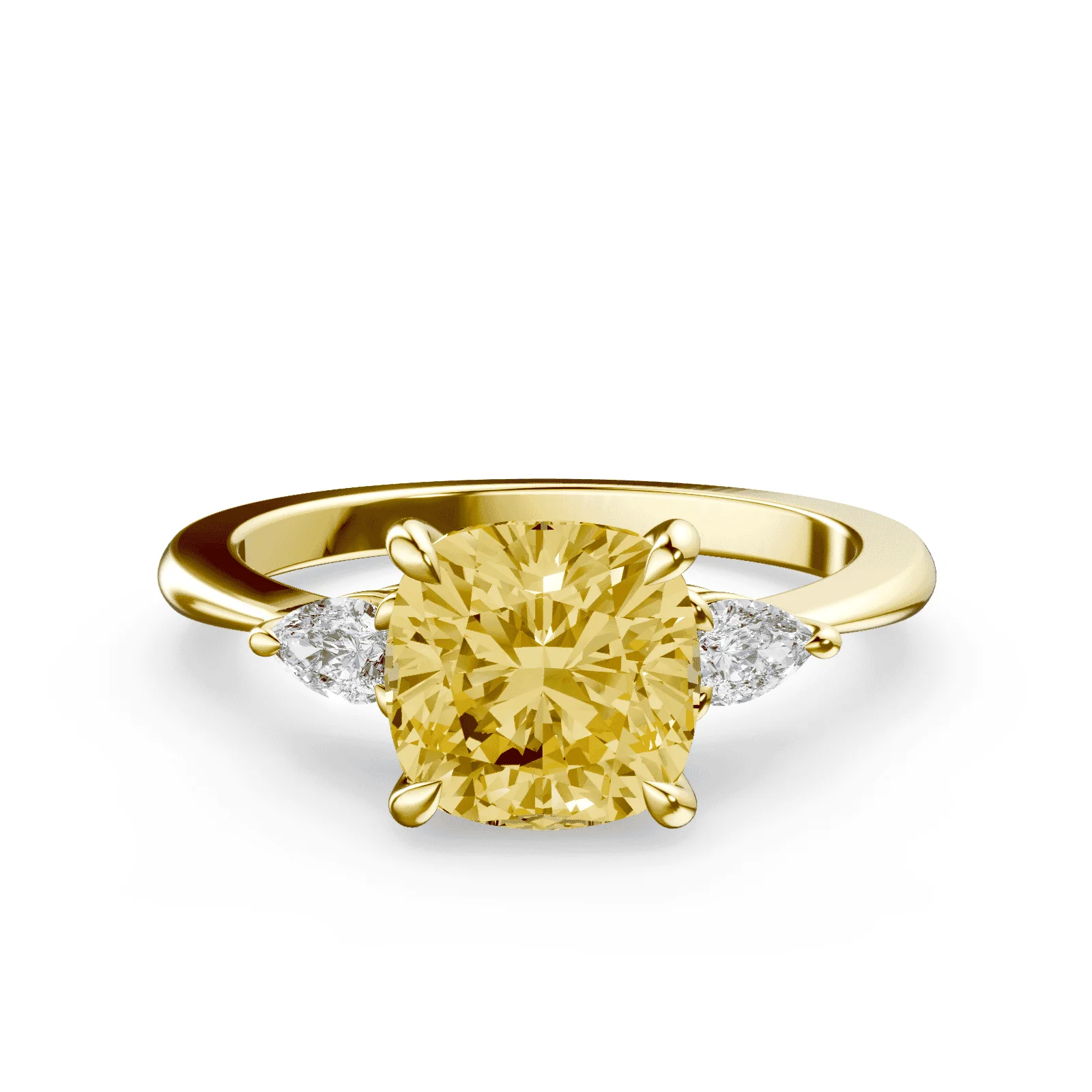 Cushion Cut Three Stone Yellow Diamond Ring