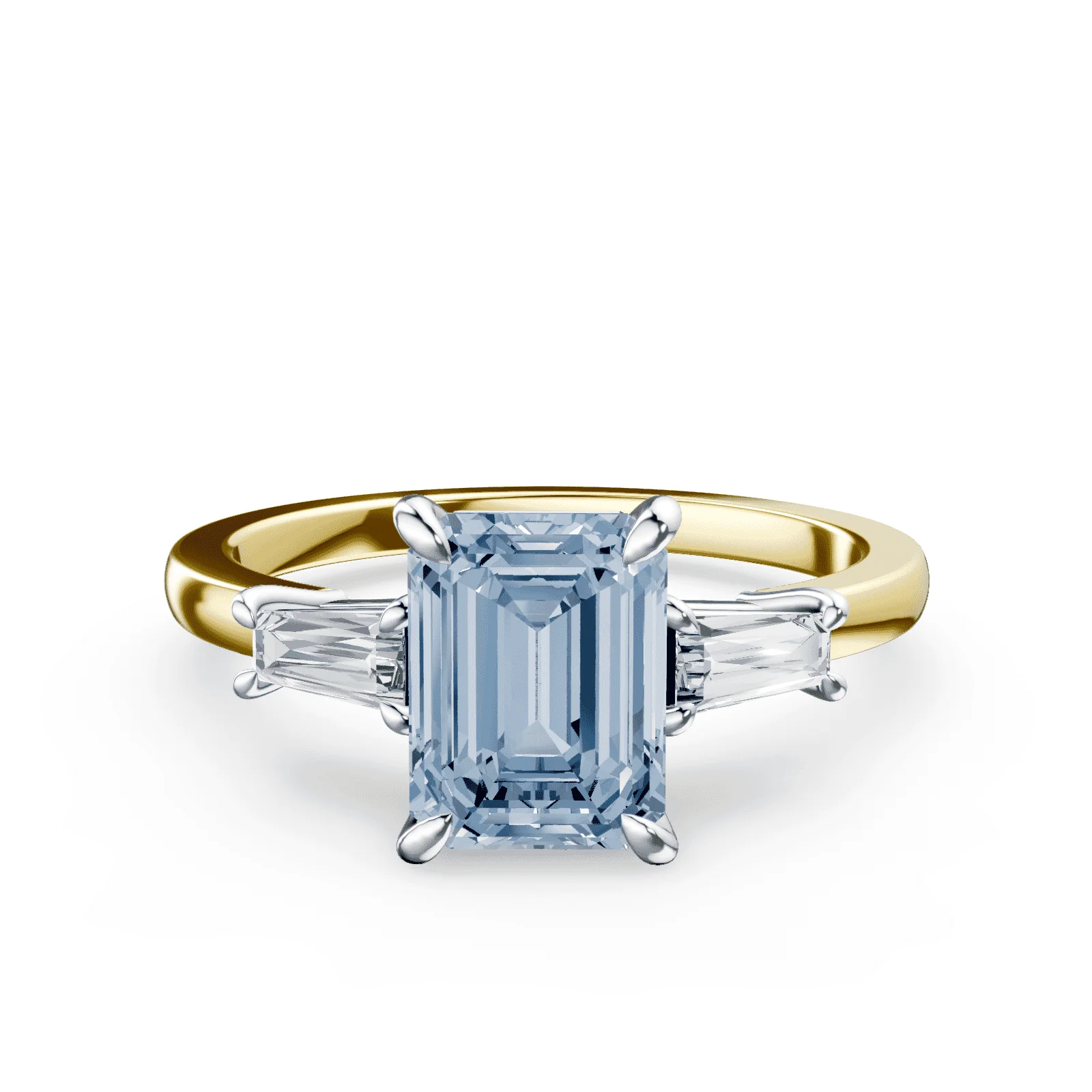 Emerald Cut Three Stone Blue Diamond Ring