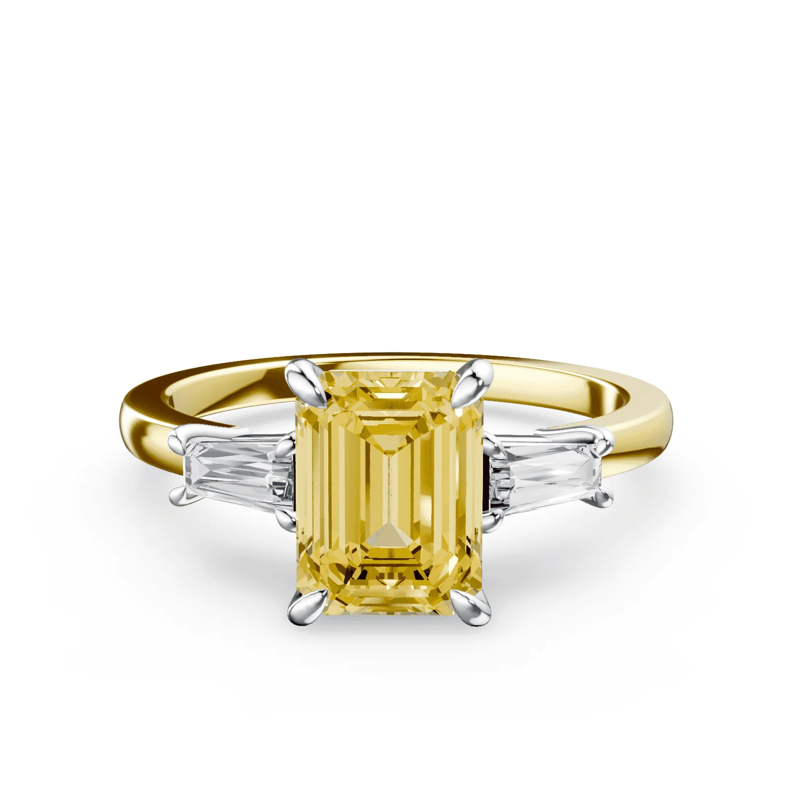 Emerald Cut Three Stone Yellow Diamond Ring