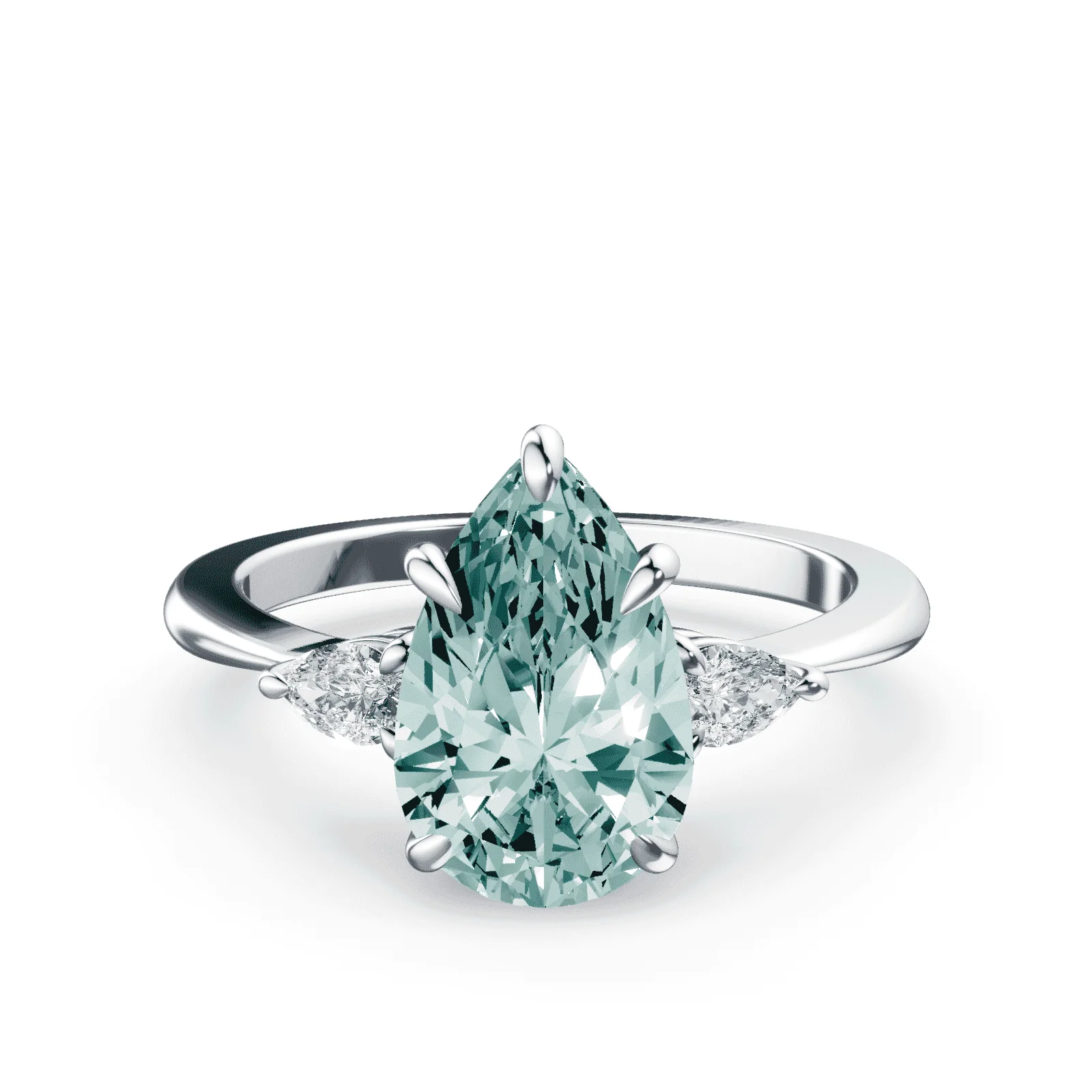 Pear Cut Three Stone Green Diamond Ring
