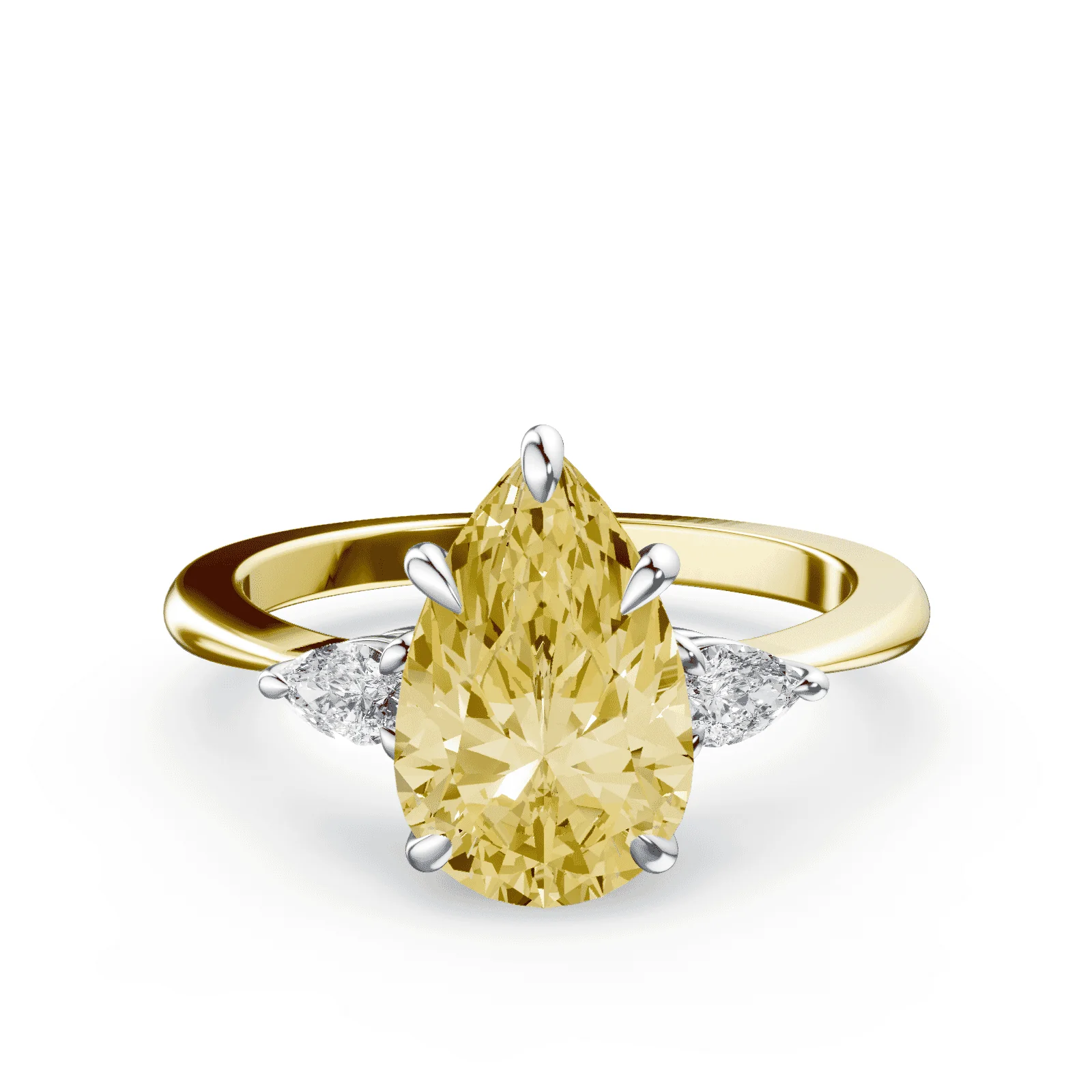 Pear Cut Three Stone Yellow Diamond Ring
