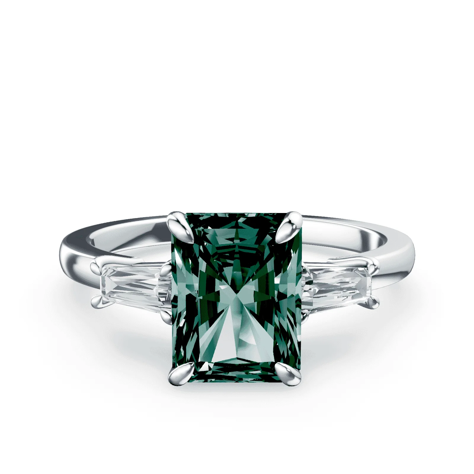 Radiant Cut Three Stone Green Diamond Ring