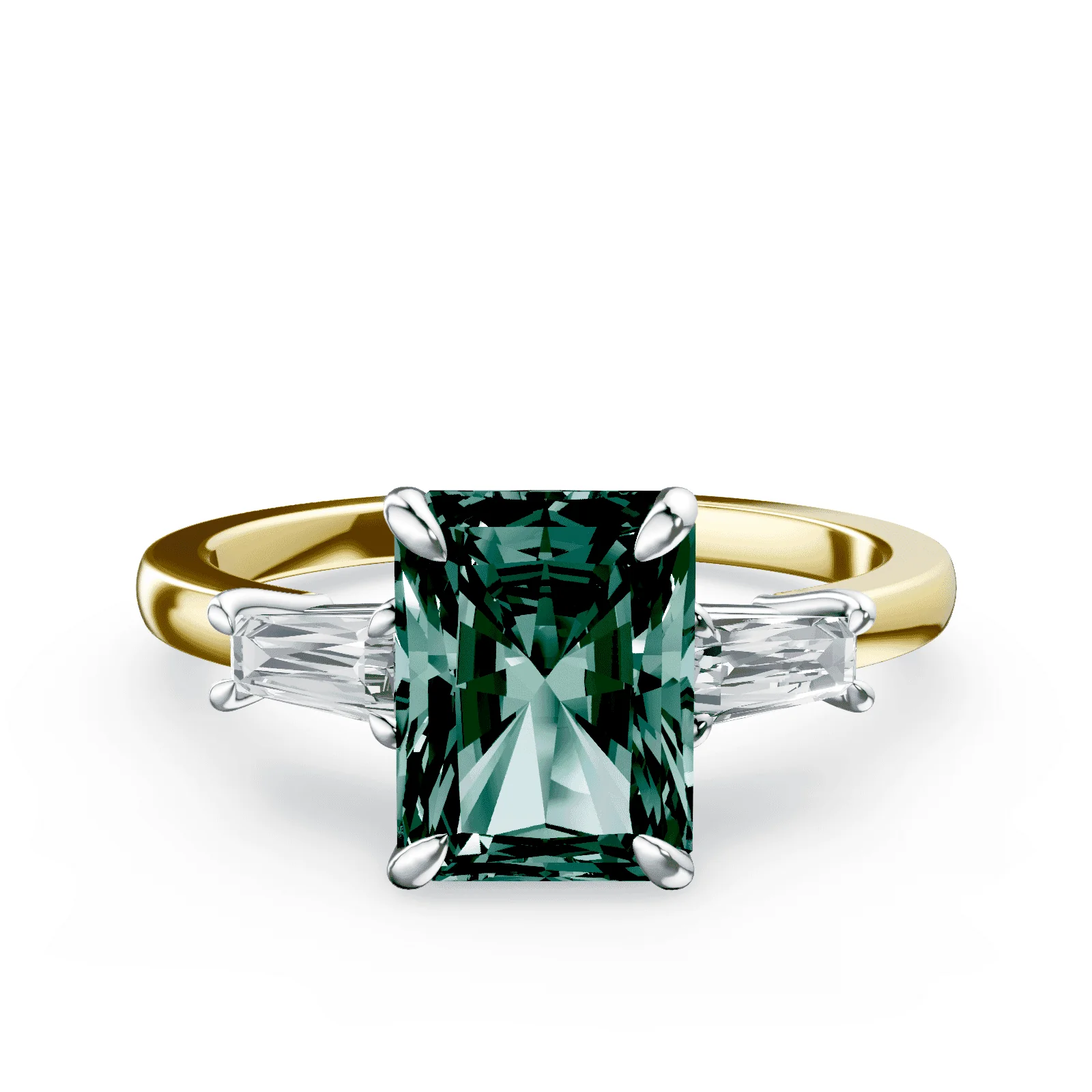 Radiant Cut Three Stone Green Diamond Ring